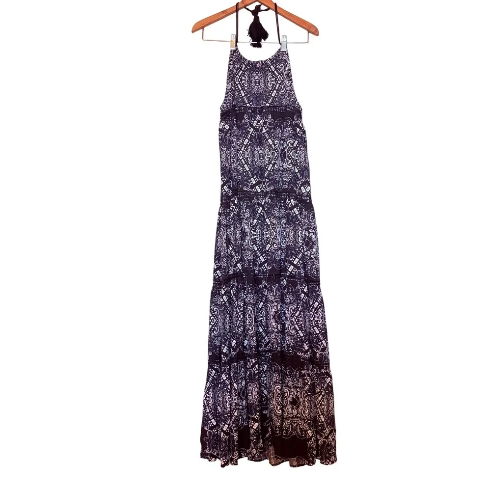 Red Carter Black Navy Paisley Tiered Halter Maxi Dress with Pockets XS - Picture 2 of 16